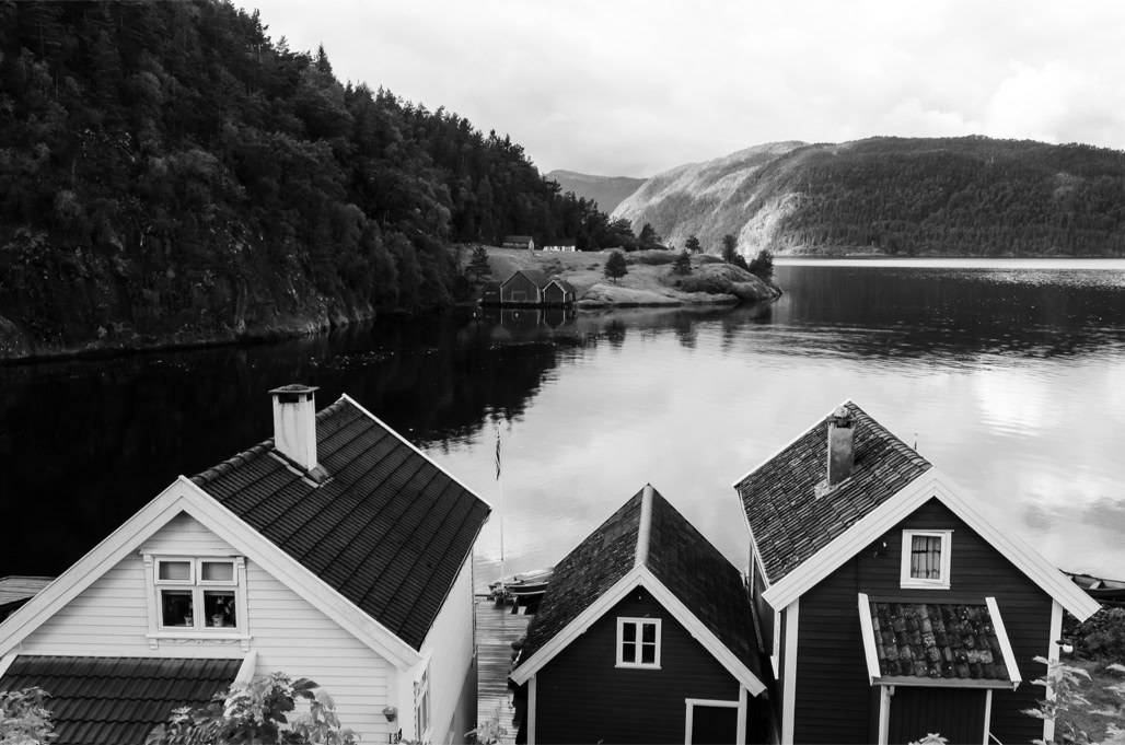black and white, bw, fjord, forest, forêt, harbour, house, maison, monochrom, monochrome, montagne, mountain, noir et blanc, norvège, norway, port