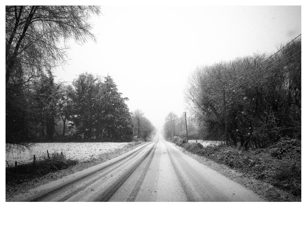 arbre, black and white, bretagne, brittany, bw, champ, field, fil électrique, monochrom, monochrome, neige, noir et blanc, pole, poteau, road, route, snow, tree, wire