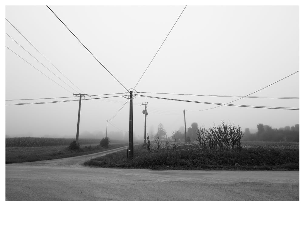 paysage, oretail photography,  olivier retail, noir et blanc, black and white, landscape, monochrom, monochrome, bw, champ, field, poteau, pole, wire, fil électrique, route, road